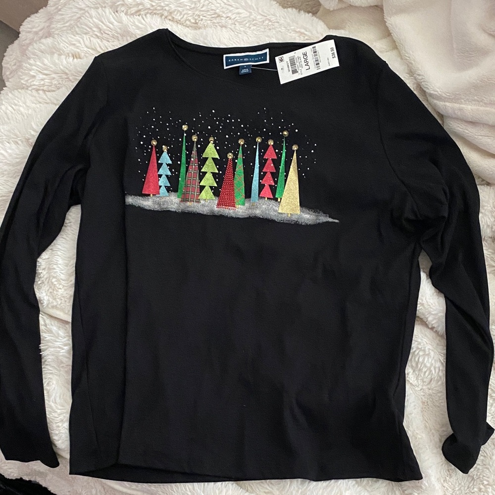 BNWT!✨ Karen Scott Black Long Sleeve with Festive Tree Design